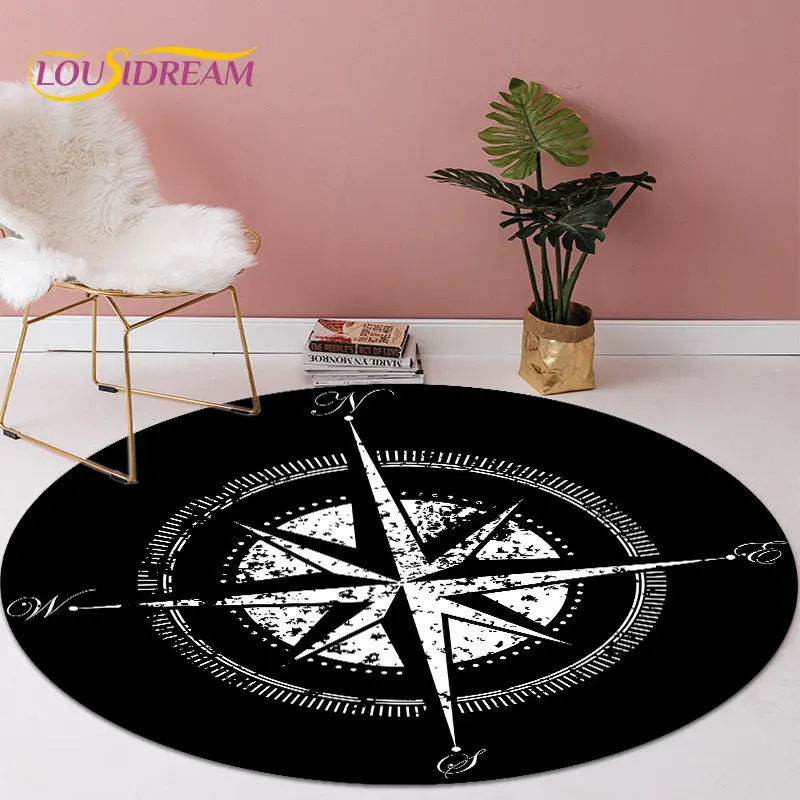 3D 만화 레트로 나침반 원형 영역 러그, 거실 침실 소파 장식용 라운드 카펫 러그, 어린이 미끄럼 방지 바닥 매트, 애완 동물 매트