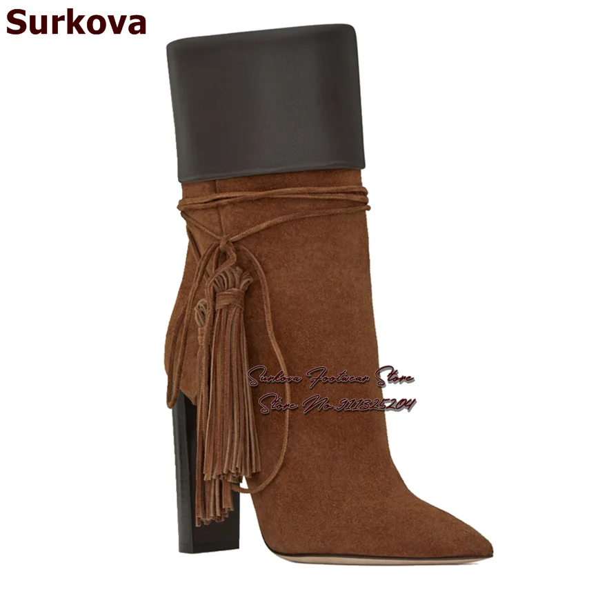 Surkova Black Chunky Heel Coffee Brown Suede Ankle Boots Color Patchwork Folded Fringe Lace-Up Short Booties Tassel Dress Pumps