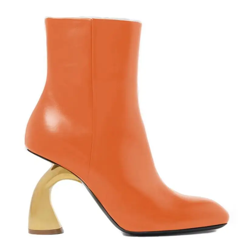 

New Small Square Toe Side Zipper Botines Metal Special-Shaped Heel Catwalk Short Boots Women's Large-Size Thin Botas Trendy Lady