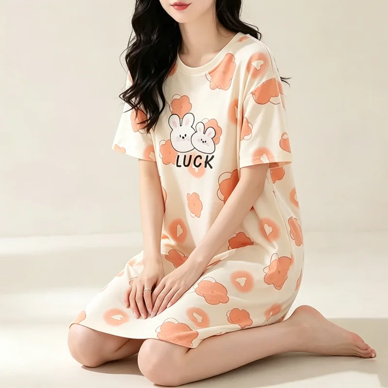 Women Large Size Pajamas Short-Sleeved Nightgown LUCK Long Student Robe Rabbitlong Skirt Loungewear Girl Dress Cute pajama dress
