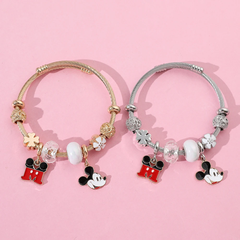 New Disney Series Fashionable and Cute Mickey Mouse Mickey M Letter Pendant DIY Flower Versatile Beaded Bracelet