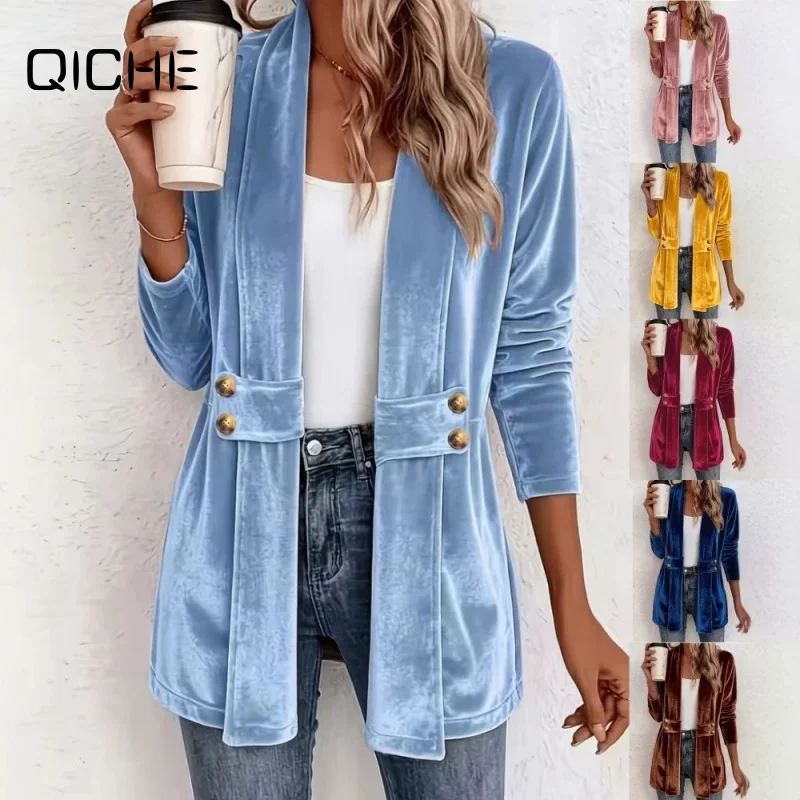 QICHE Women 2026 New Double‑Breasted Decor Velvet Cardigan Lazy Style Versatile Mid‑Length Top Casual Outfit