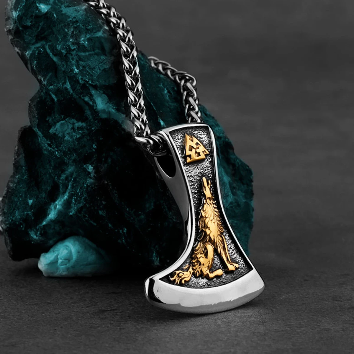 Vintage Viking Wolf Trinity Axe Crow Necklace Men's Mixed Gold Color Hip Hop Biker Pendant Stainless Steel Jewelry Gift