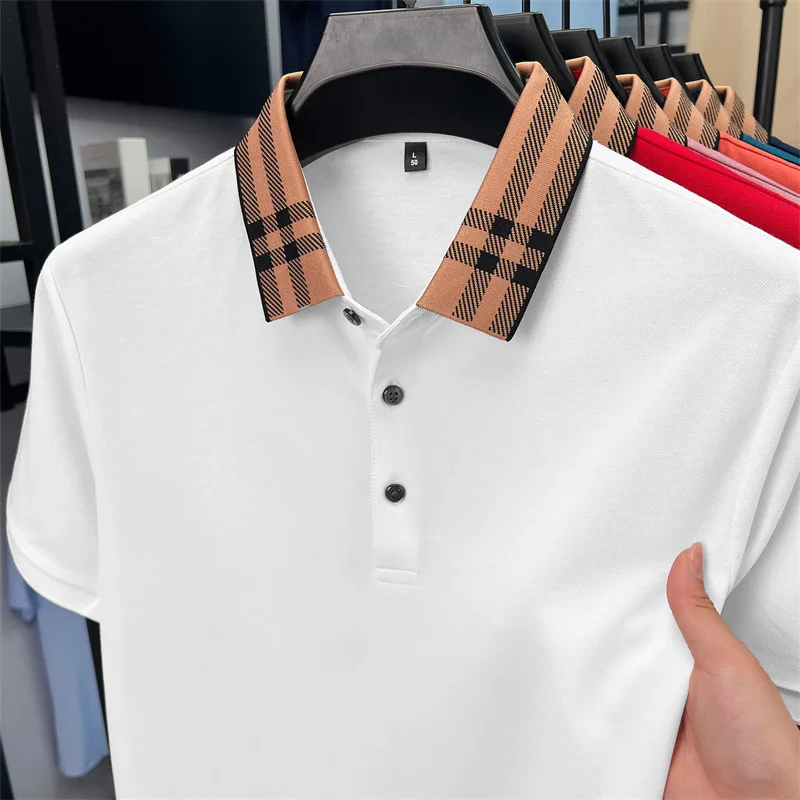 

Fashion brand plaid lapel short sleeve polo shirt men summer new style simple solid color high-end business casual golf T-shirt