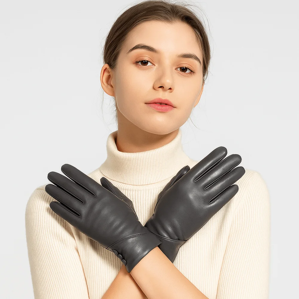 Simple Solid Color Full Finger Mittens PU Button Women Leather Gloves Thickened Keep Warm Touch Screen Gloves Winter