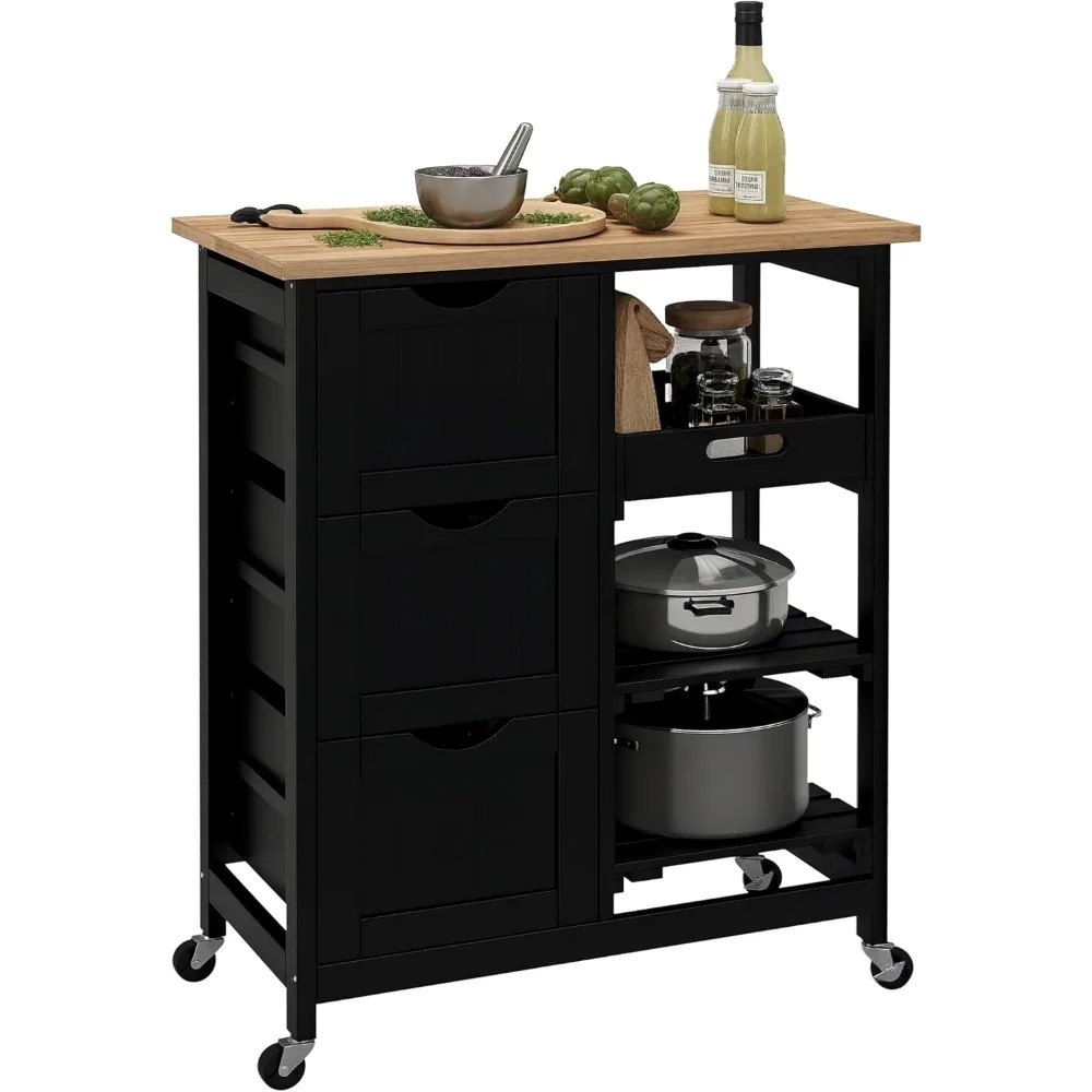 Wooden Top Rolling Kitchen Island Cart with Shelves and Drawers for Home Bar and Dining Area