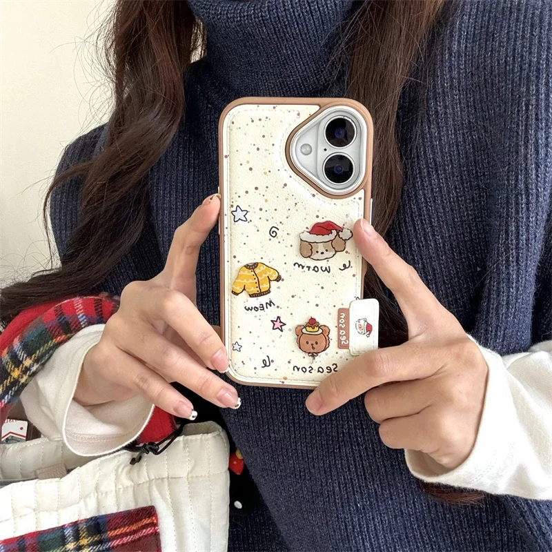 Cute silvery lambskin 3D cartoon case for iPhone 16 Pro 15 Pro 14 13 Pro Max Splash ink strap lanyard soft shockproof cover