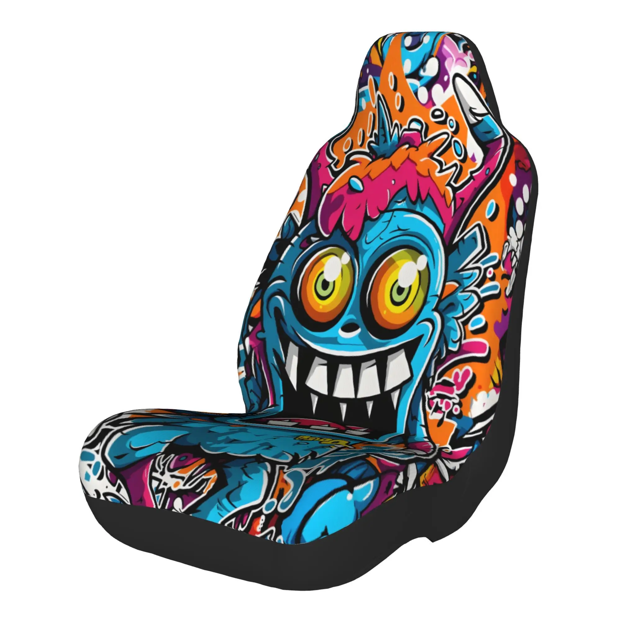 2pcs Vibrant Colorful Monster With Big Eyes And Sharp Teeth In Graffiti ArtworkCar Seat Covers, Suitable For All Vehicles, Chris