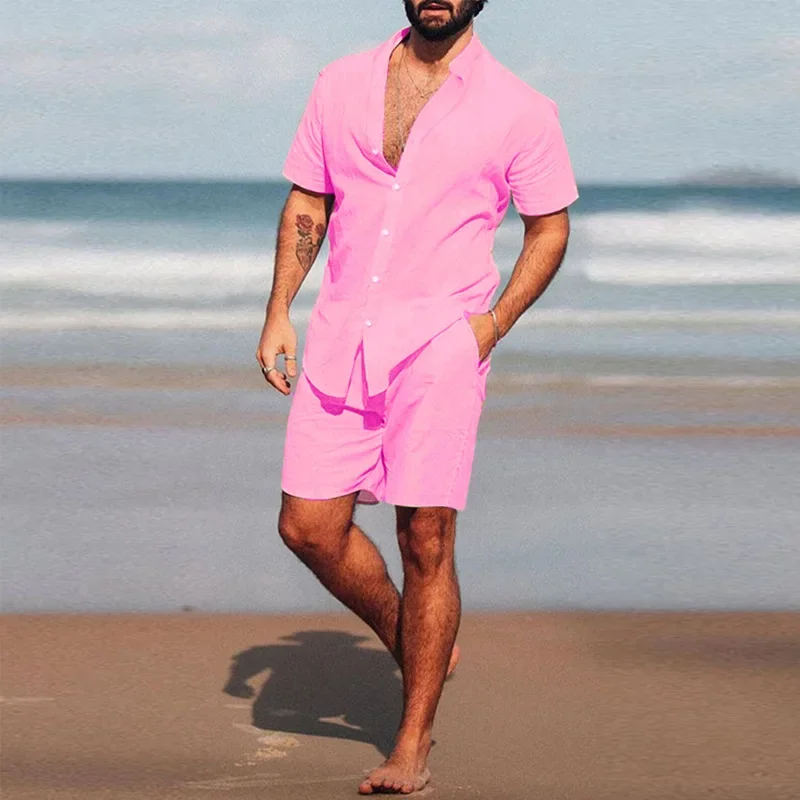 Men Outfit Set 2022 Summer New Solid Color European and American Men's Suit Fashion Shirt and Shorts Two-piece Set