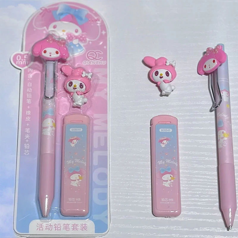 1Set Sanrio Melody Kuromi Cinnamoroll Pochacco 0.5mm Mechanical Pencil Eraser Stationery Set High Face Value Automatic Pencil