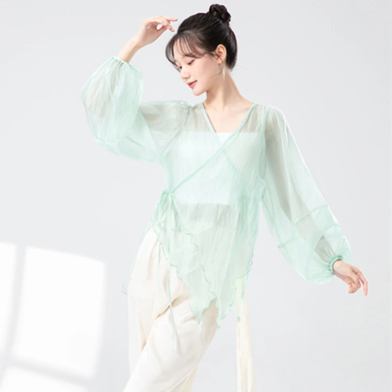 Costume da danza classica Top da donna Cardigan a maniche lunghe a sbuffo Camicia Guaze legata laterale Top larghi Flowy Camicetta da palcoscenico lirico cinese