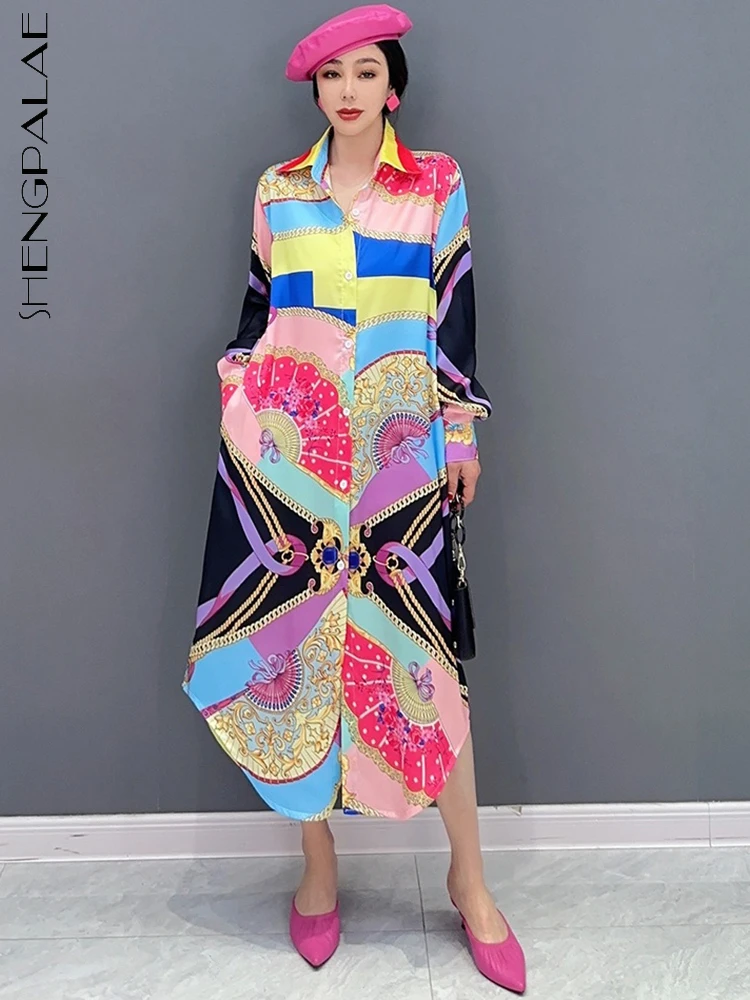 

SHENGPALAE Fashion Shirt Dress For Women Korean Printed Colorful Pattern Stitching Loose Vestido Robe 2024 Summer Clothes 5R1504