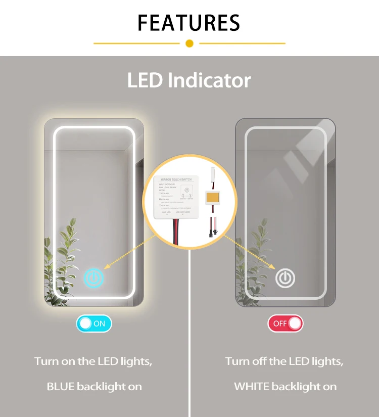 Badezimmer-Waschtischspiegel mit LED-Touch-Dimmsensor, DC 12V, Intelligenter Spiegel mit COB-LED-Licht, Dimmbares Touch-Set – Detail 4