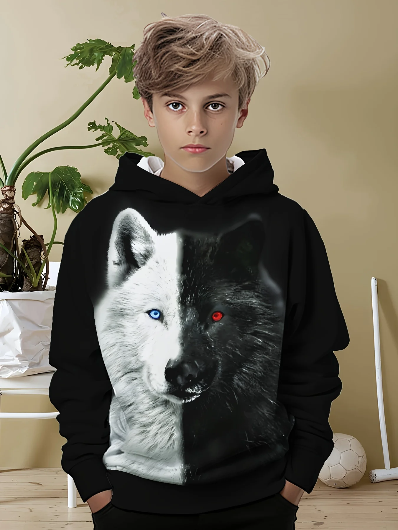 سترة بقلنسوة كاجوال عصرية جديدة للأطفال لعام 2025، طباعة نمط الذئب مطبوعة ثلاثية الأبعاد، ملابس يومية، نسيج ناعم، لمسة مريحة