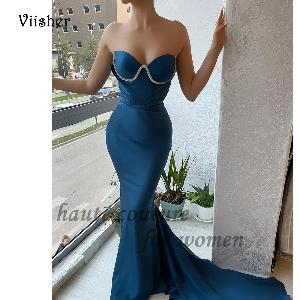 

Blue Satin Mermaid Prom Dresses Sweetheart Bodycon Long Formal Party Dress with Train Womens Evening Party Gowns