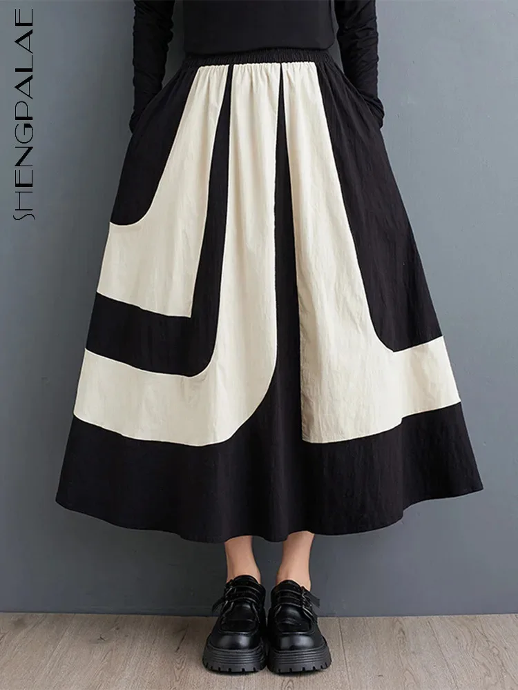 SHENGPALAE 2024 Autumn Fashion Half Skirt With Irregular Splicing Trendy Contrasting Color Causal Beautiful Female Skirts 5C1385