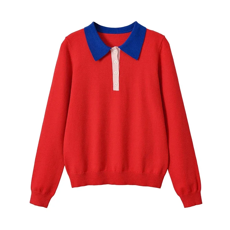 Guobioziy Women Color Block Polo Collar Knit Sweater Long Sleeve Casual Autumn Red Pullover Classic Commuter Style