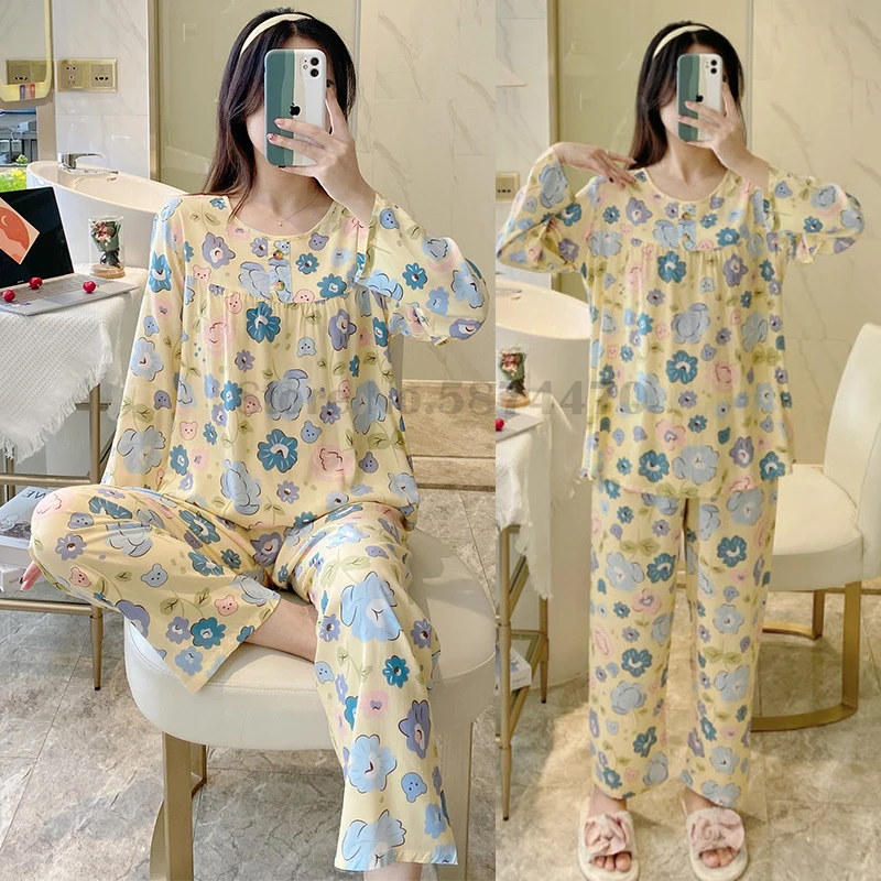 Printed Women\'s Home Clothes Sexy Crewneck Long-Sleeved Trousers Two-Piece Set Sleepwear Loose Casual Loungewear Pajamas Suit