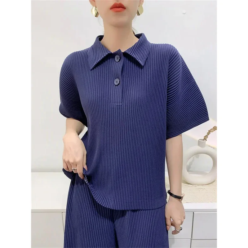 Miyake Toothpick Pleated Top Women's Spring Summer New Korean Style Casual Solid Simple Comfortable Polo Shirt T-shirt