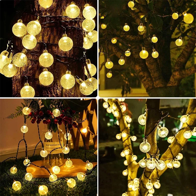 Solar ball String Lights Outside Waterproof Crystal Globe Lights with 8 Modes for Garden Tree Patio Party Christmas Decorations