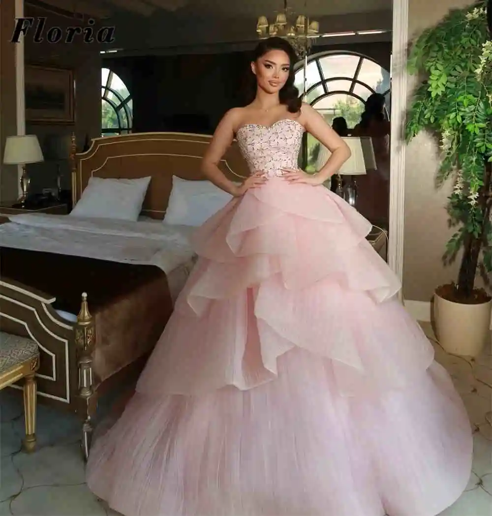 Princess Strapless Beaded Evening Dresses Ruffles A Line Engagement Gowns Customized Birthday Prom Party Gowns Robes De Soirée