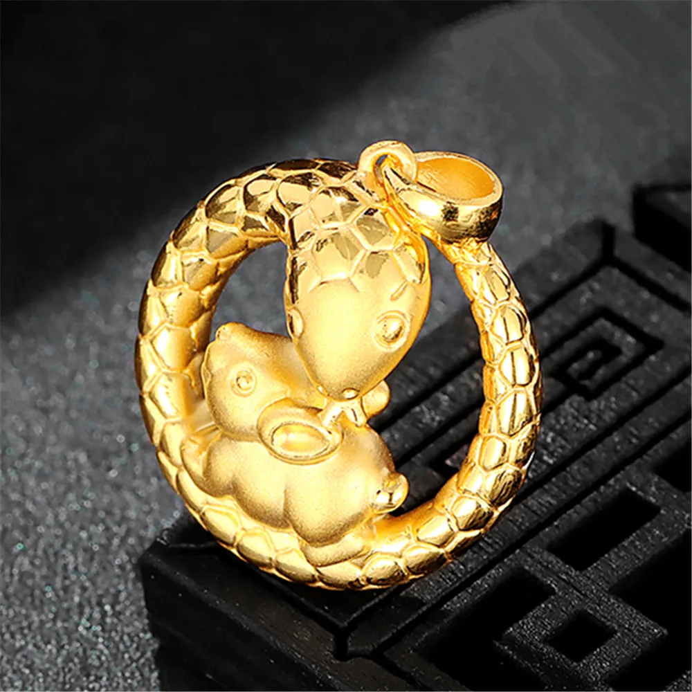 

Pure 999 24K Yellow Gold Women 3D Lucky Snake With Rabbit Circle Pendant 2.6-3g