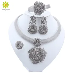 Luxury Big 4pcs Jewelry Set Silver Plated Necklace Earrings for Women Bridal Party Wedding Accessories Saudi Arabic Dubai