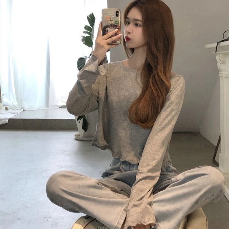 INS style trendy casual women's solid color T-shirt autumn and winter spicy girl high waist long sleeved exposed navel loose wom
