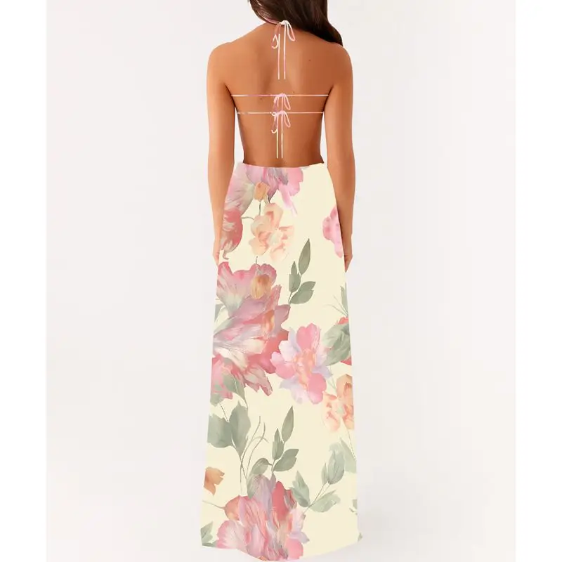 Combhasaki Women Summer 2Pc Floral Print Outfit Set Crop Lace-up Halter Neck Backless Tops+Elastic Waist Mesh Layered Long Skirt