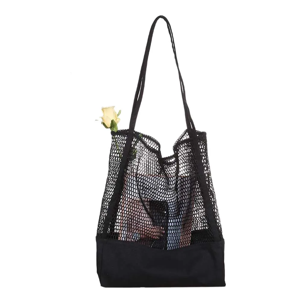 حقيبة تسوق شبكية سوداء قابلة لإعادة الاستخدام وقابلة للغسل من النايلون بسعة كبيرة وقابلة للتوسيع على الشاطئ وحقيبة يد شبكية