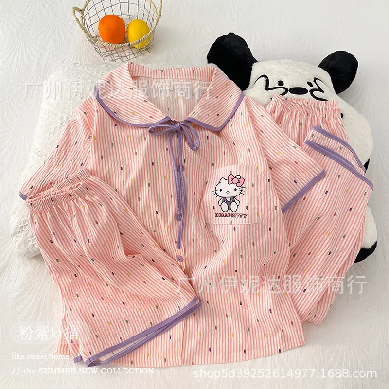 

Cartoon 3-Piece Set 2026 Summer Cloud Cotton Round Neck Doll Neck Short Sleeve Shorts Girls' Pajamas Home Clothes Hello Kitty
