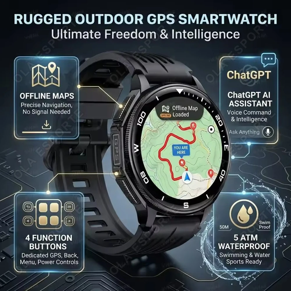 Nouvelle Montre Connectée GPS 2026 avec Cartes Hors Ligne, Étanche 5ATM, 4 Boutons Fonctionnels, Montre Intelligente Sportive pour Hommes, Chat GPT pour Android iOS HW12