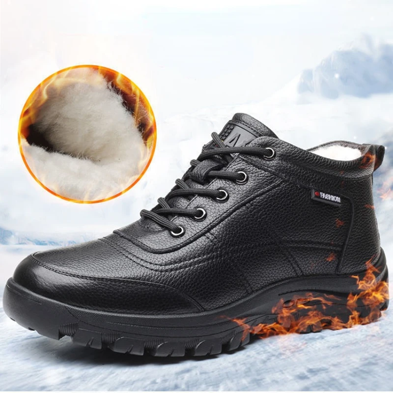 Men Boots Waterproof Winter Boots Men\'s Lightweight Hight Top Leather Casual Shoes No Slip Warm Snow Boots Plush Women Footwear