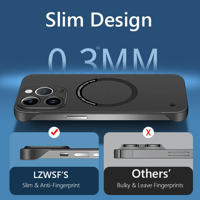 Frameless Magnetic Magsafe Slim Case For iPhone 15 14 13 12 11 Pro Plus Max X XS Max XR Wireless Charging Hard Back Cover