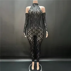 Black Grid Rhinestone Bodysuit Sexy Nightclub party Dancer Clothes Women Performance Clothes Music Festival Singer Stage Outfit