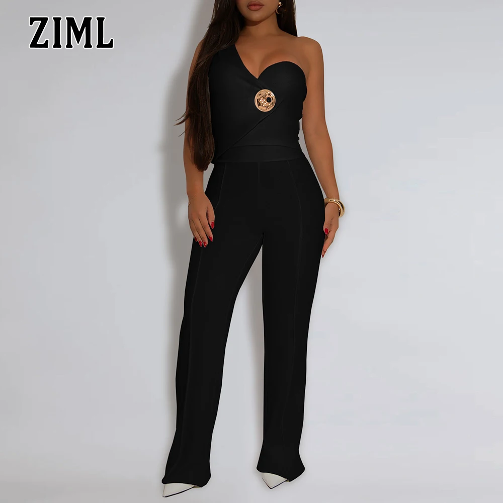 

ZIML Solid Slimming Two Piece Sets for Women Strapless Sleeveless Splice Metal Tops High Waist Pants Minimalist Set Female New