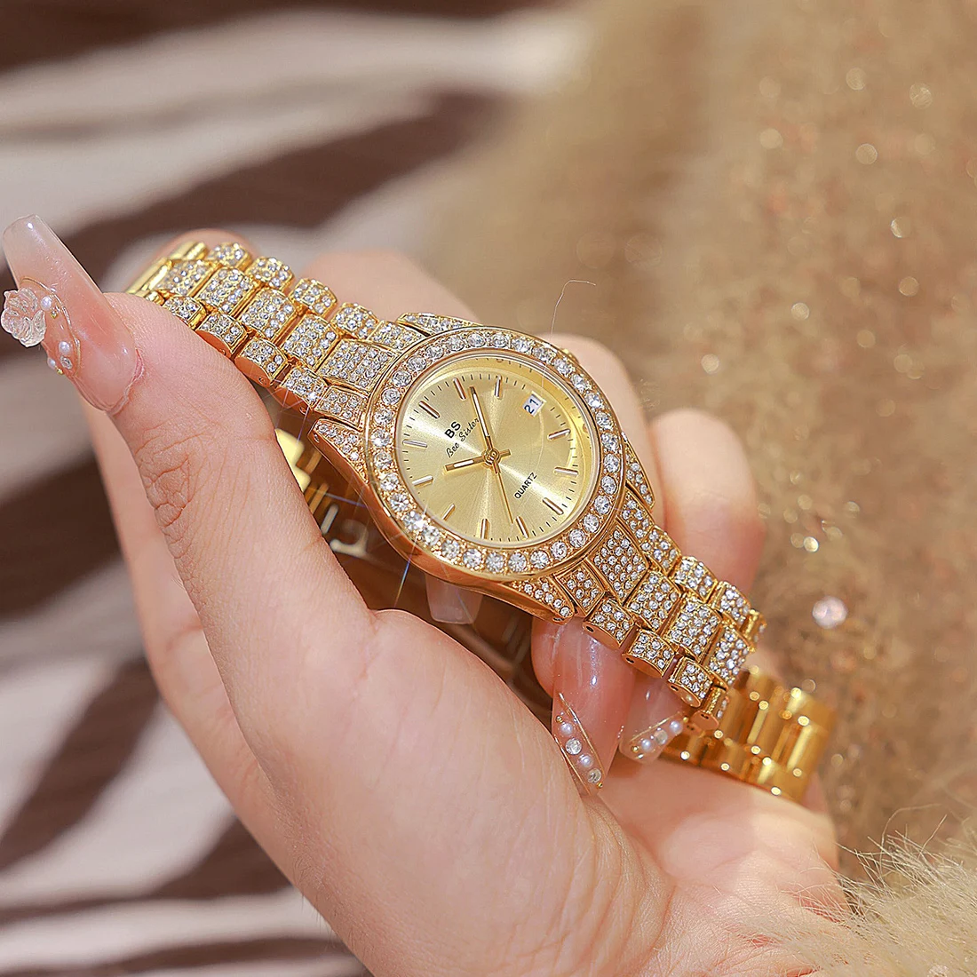 BS Original Brand Watch For Women Diamond Luxury Watch Stainless Steel Quartz Watches Ladies Fashion Gold Rhinestone Wristwatch