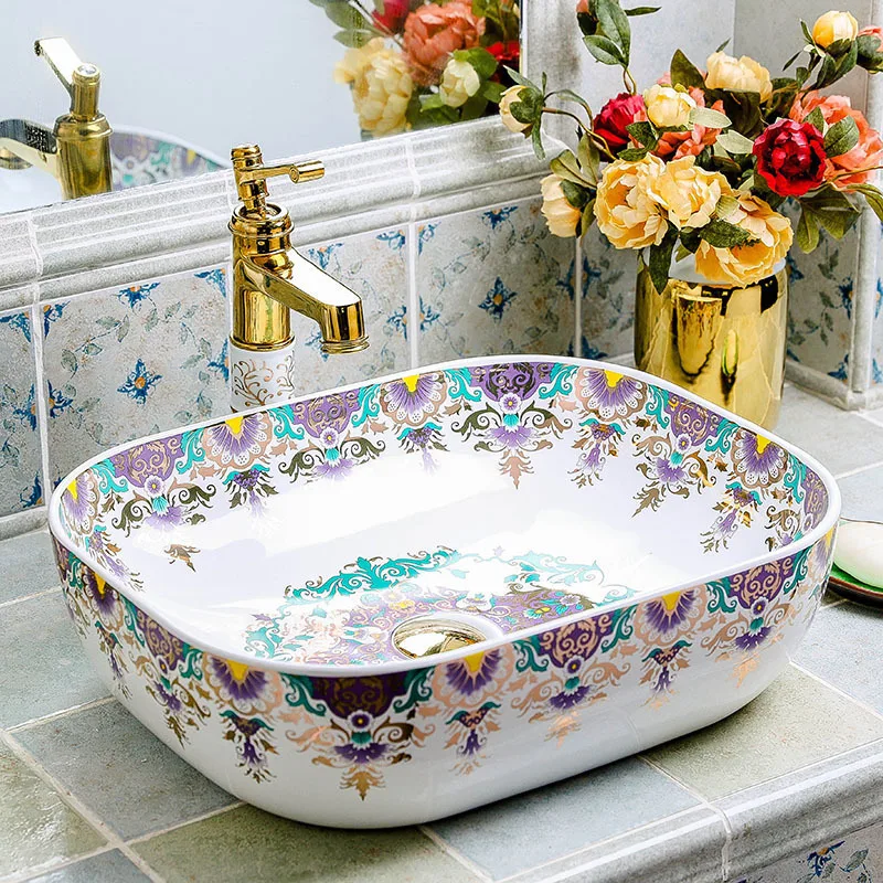 

Rectangular China Artistic Europe Style Counter Top porcelain wash basin bathroom sinks ceramic art bathroom wash basin