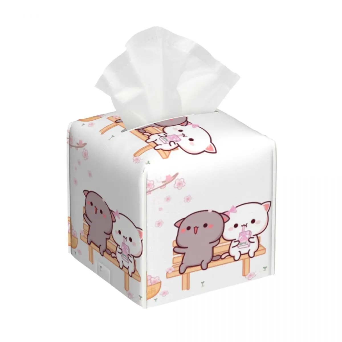 Custom Peach And Goma Tissue Box Cover PU Leather Square Cartoon Mochi Cat Facial Tissues Holder for Office