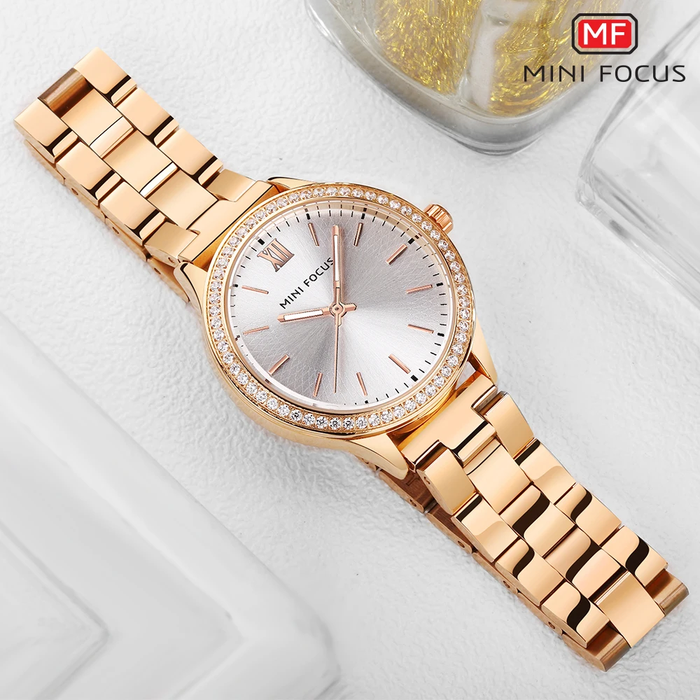 MINI FOCUS Rose Gold Iced Out Watch for Women Fashion Purple Dial Luxury Elegant Ladies Watches Stainless Steel Strap Clock 0043