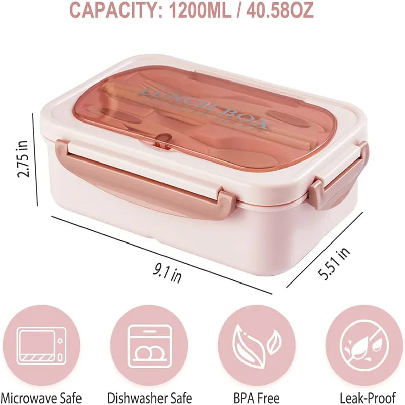 Contenedor de almuerzo Bento de 1200 ml para adultos, oficina, viajes, caja a prueba de fugas con utensilios, 3 compartimentos, apto para microondas