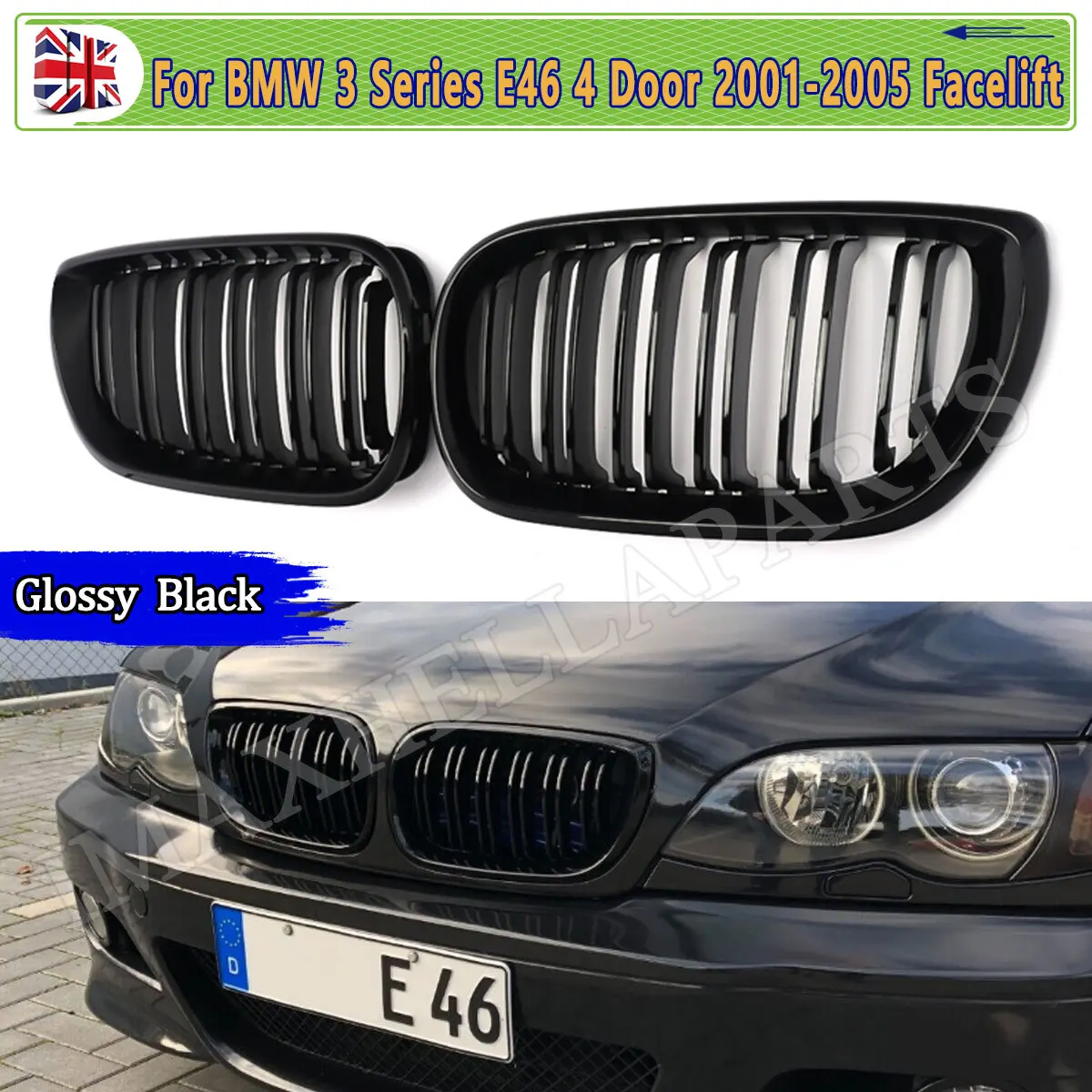 

FOR BMW E46 3 SERIES DOUBLE SLAT KIDNEY GRILLE GRILL 320d 325i 330i 4 DOOR LCI 2002 2003 2004 2005 GLOSS BLACK Racing Grills