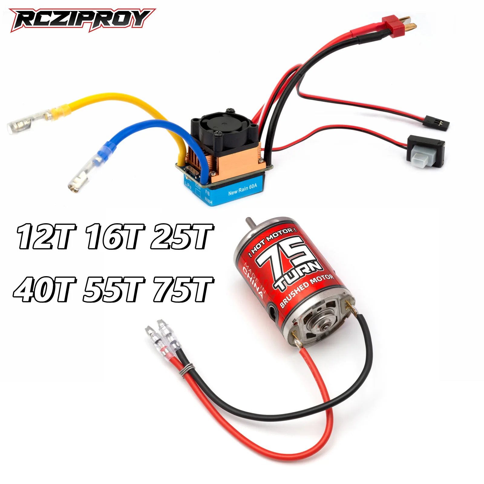 

Комплект: коллекторный двигатель RC 540 и водонепроницаемый ESC 60A/480A с вентилятором, T-Plug 12T-75T для радиоуправляемых внедорожных краулеров 1/10