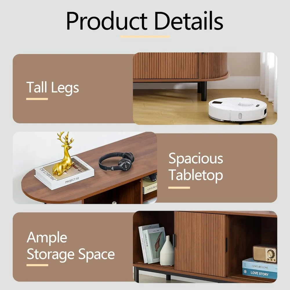 ミッドセンチュリーモダン 63インチ テレビスタンド（65～70インチテレビ対応）、スライドドア付きフルーテッドデザイン、曲線型ゲーミング＆エンターテイメントセンター