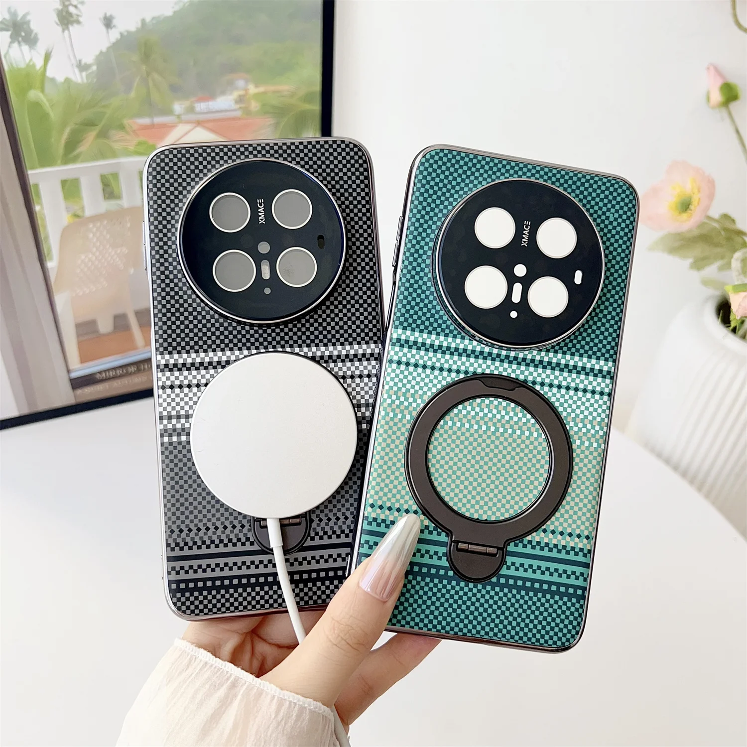 Luxe Magnetische Ring Stand Koolstofvezel Patroon Magsafe Case voor Huawei Mate 70 Mate 60 Pro Plus Plating Draadloos Opladen Cover