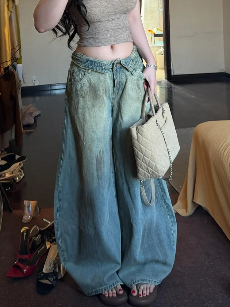 American High Street Style Faded Denim Jeans High Waist Flip Belt Knife  Long Pants Women's Summer New Hot Girl Jeans