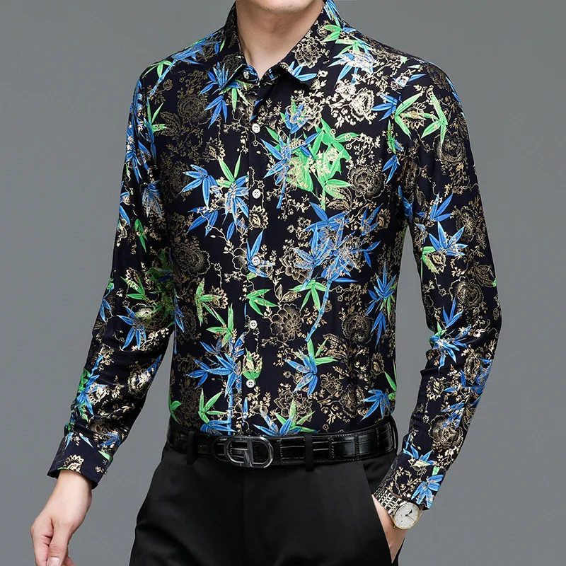 Heren Shirt Gepersonaliseerde Trendy Print Lange Mouw Dun Shirt Lente En Herfst Bloemen Shirt