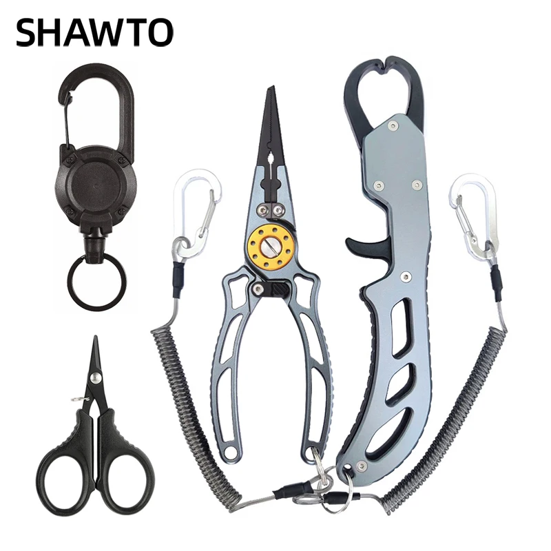 Shawto Titanium Coated Stainless Steel Fishing Scissors Pliers Cut PE Braid Line Fish Lip Gripper Carp Fishing Accessories Tools