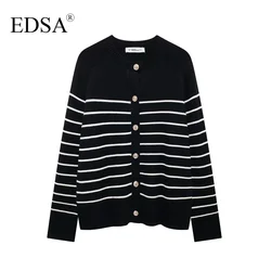 EDSA Women Black Striped Knit Cardigan Round Neck Jacket Long Sleeves Side Vents Single Breasted Golden Buttons Sweater Coat