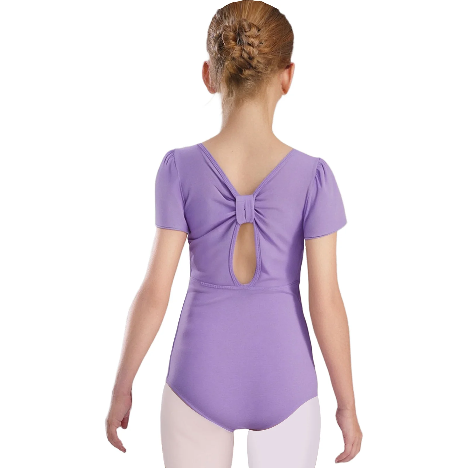 Body da balletto per ragazze Body da ballo a maniche corte per bambini Indietro Bowknot Body da ginnastica Balletto Danza Maglia Patchwork Body
